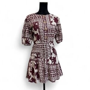 Olivaceous‎ Smocked Babydoll Short Sleeve Linen Blend Mini Short Dress Maroon Md